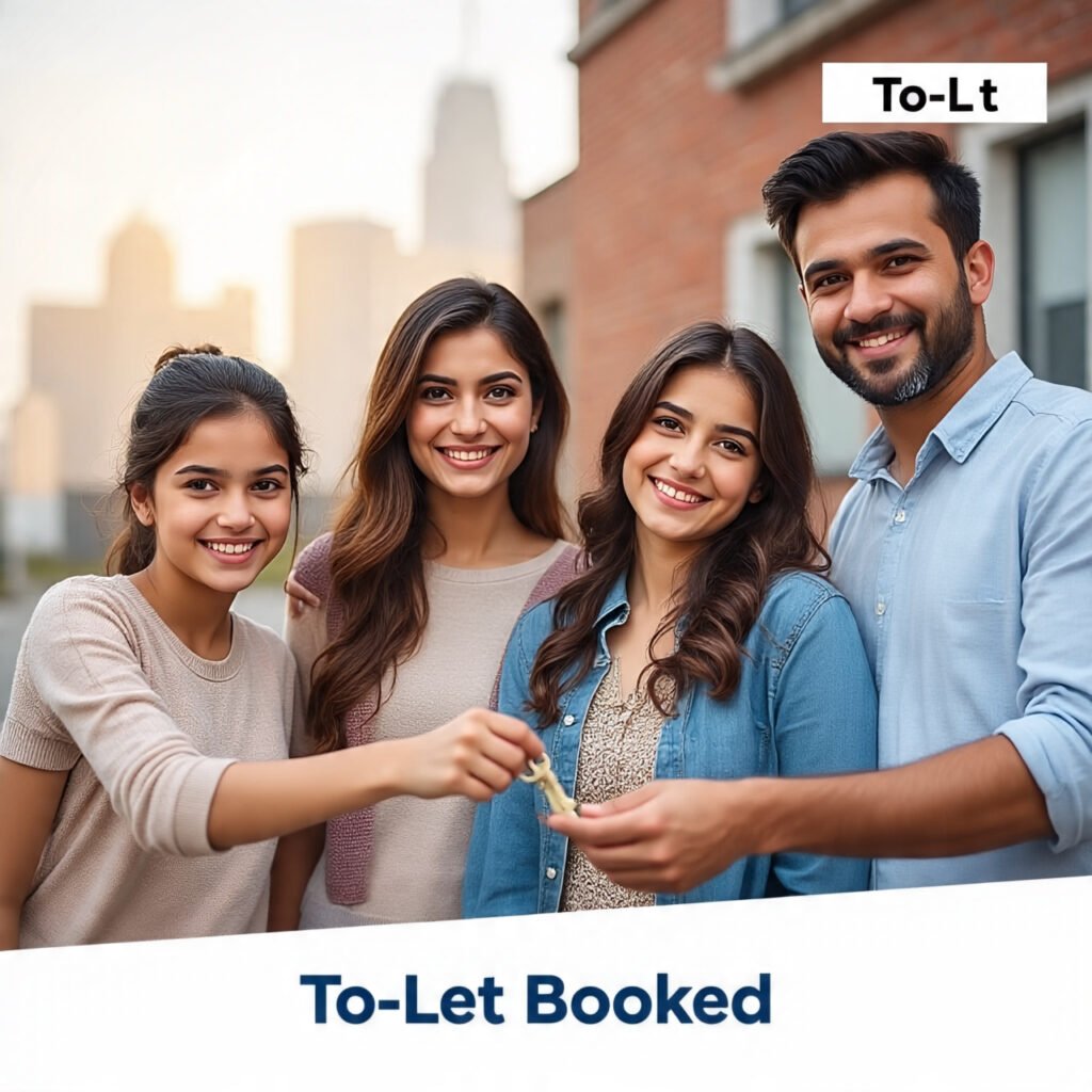 a_warm_welcoming_family_or_young_couple (1) Happy family receiving house keys from rental agent in front of a "To-Let" sign in Patna