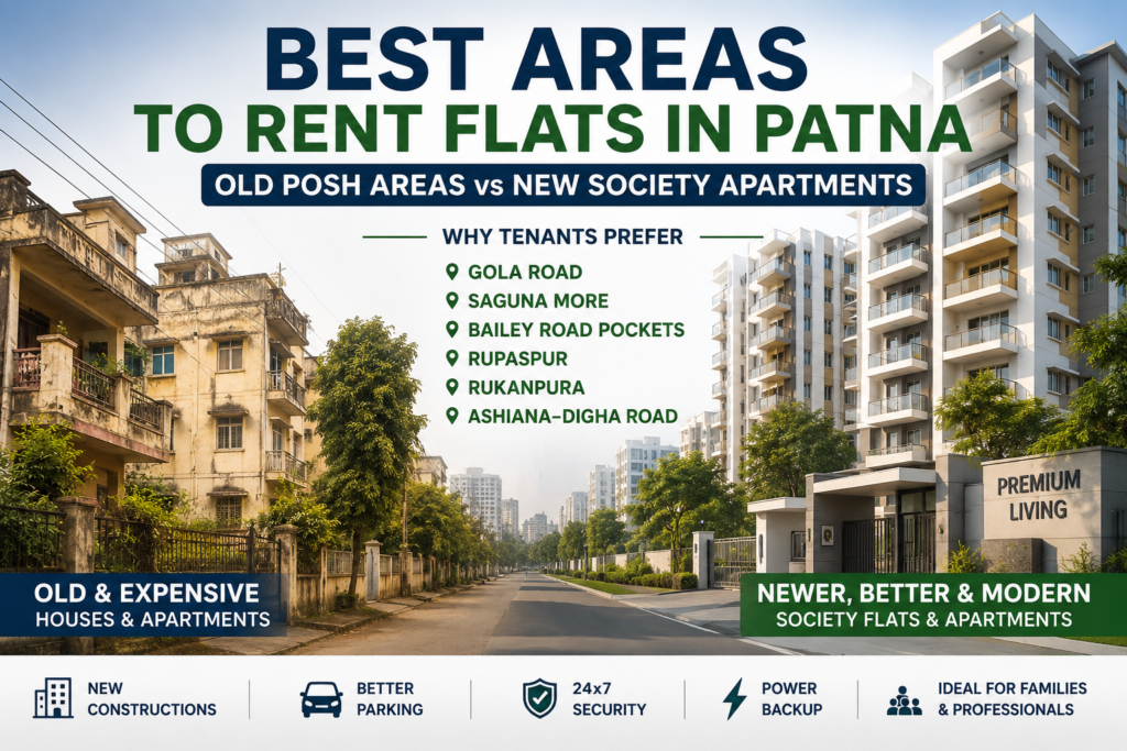 FAQs Which are the best areas for new flats in Patna? Gola Road, Saguna More, Rupaspur, Rukanpura, and Ashiana-Digha Road are among the best areas for modern apartments and society flats in Patna. These locations offer newer buildings, better parking, lifts, power backup, and improved living infrastructure. Why are rents high in old posh areas of Patna? Traditional premium areas like Boring Road, SK Puri, Fraser Road, and Rajendra Nagar remain expensive because of prime connectivity, established reputation, schools, hospitals, and commercial access. Even older flats command premium rent due to high demand and limited availability. Are new society flats better than old apartments in Patna? For many tenants, newer society flats provide better amenities such as lifts, security, generators, parking, gated entry, and modern layouts. Older apartments in central Patna may offer better location advantages but often lack modern infrastructure. Which areas are best for families looking for rental flats in Patna? Families often prefer areas like Saguna More, Bailey Road pockets, Ashiana-Digha Road, and Rupaspur because of wider roads, peaceful surroundings, newer apartments, and better daily convenience. Which Patna areas are suitable for bankers and transferable job professionals? Working professionals and bankers frequently choose Bailey Road-connected areas, Saguna More, and Gola Road because these areas provide modern flats, easier commuting, and better availability of semi-furnished rental apartments. Is parking a major issue in old Patna localities? Yes, parking is one of the biggest concerns in many older residential areas of Patna. Narrow lanes and older building designs often create parking difficulties. Newer apartment societies generally offer dedicated parking facilities. What should tenants check before renting a flat in Patna? Before finalizing a rental property, tenants should check: Building age Water supply Power backup Parking availability Lift facility Road accessibility Security Society maintenance Which areas in Patna have more gated society apartments? Ashiana-Digha Road, Saguna More, and Gola Road currently have a growing number of gated society apartments and newly developed residential projects.